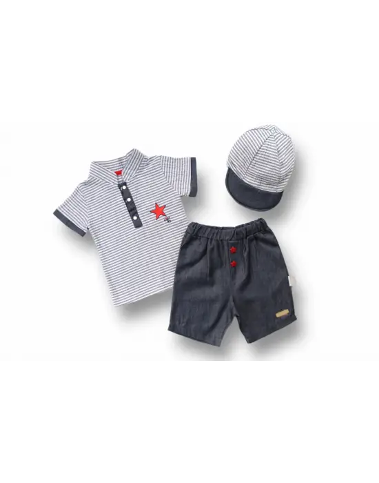 Omarı Vip Yaka Şapkalı Erkek Bebek Takımı Gri