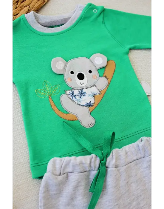 Omarı Yavru Koala Nakışlı Uzun Kollu Bebek Sweat Takımı - Yeşil