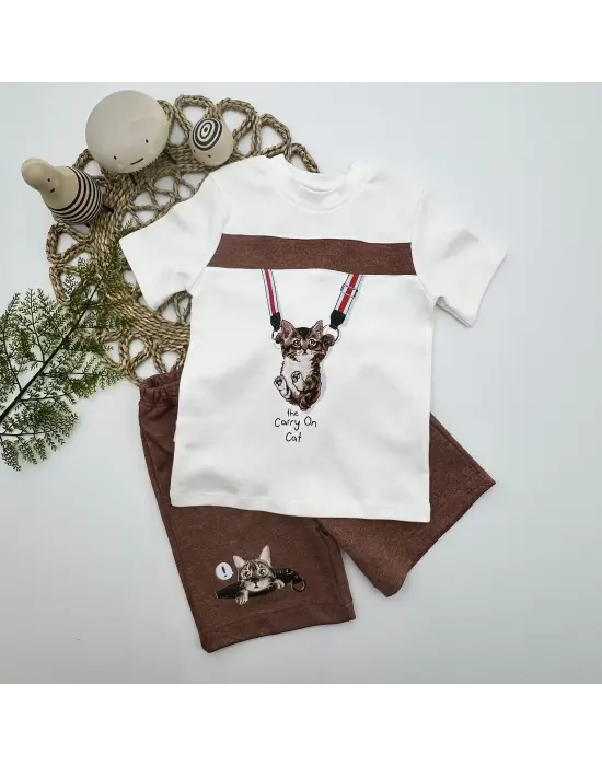 Omarı Yeni Doğan Erkek Bebek Takımı Kahverengi Kedi Baskılı T-shirt ve Şort