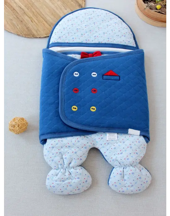 Omarı Yenidoğan Ayaklı Smokin Bebek Kundak Mavi