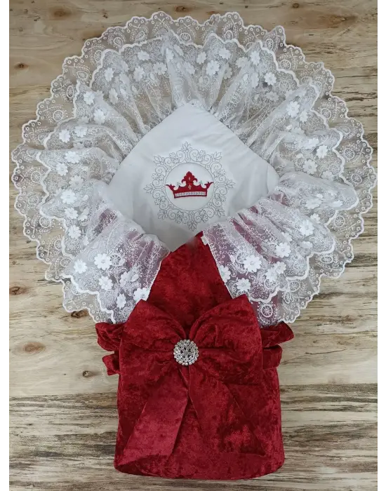 Omarı Yenidoğan Bebek İnci Fiyonklu Dantelli Kundak Battaniyesi - Bordo