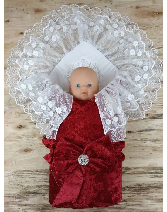 Omarı Yenidoğan Bebek İnci Fiyonklu Dantelli Kundak Battaniyesi - Bordo