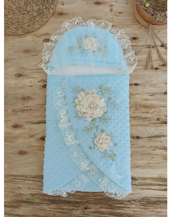 Omarı Yenidoğan Gül Bahçesi Tül Örtülü Bebek Battaniyesi Mavi