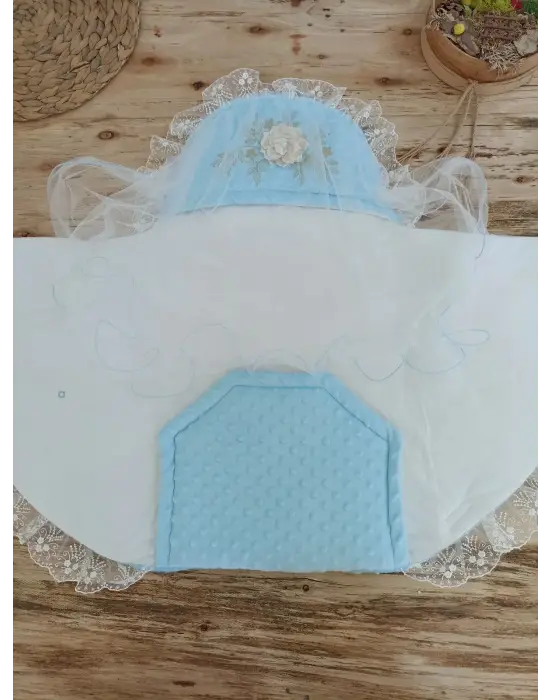 Omarı Yenidoğan Gül Bahçesi Tül Örtülü Bebek Battaniyesi Mavi