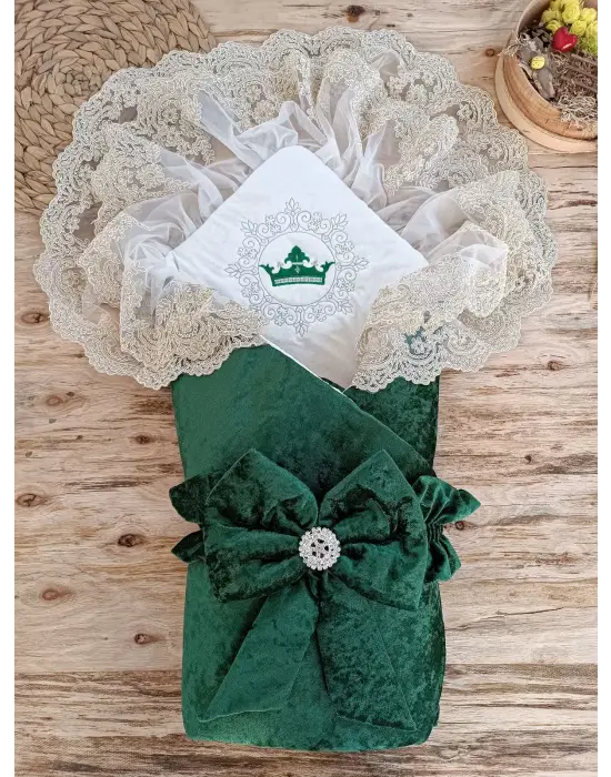 Omarı Yenidoğan İnci Fiyonklu Duvaklı Kundak Battaniyesi - Yeşil