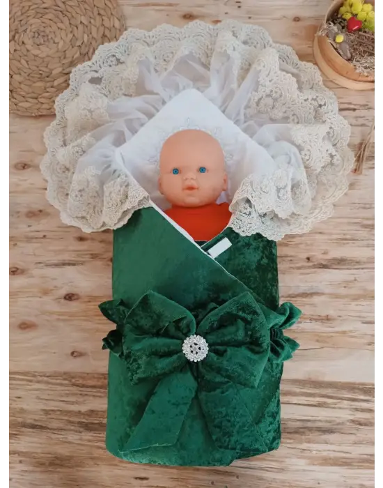 Omarı Yenidoğan İnci Fiyonklu Duvaklı Kundak Battaniyesi - Yeşil