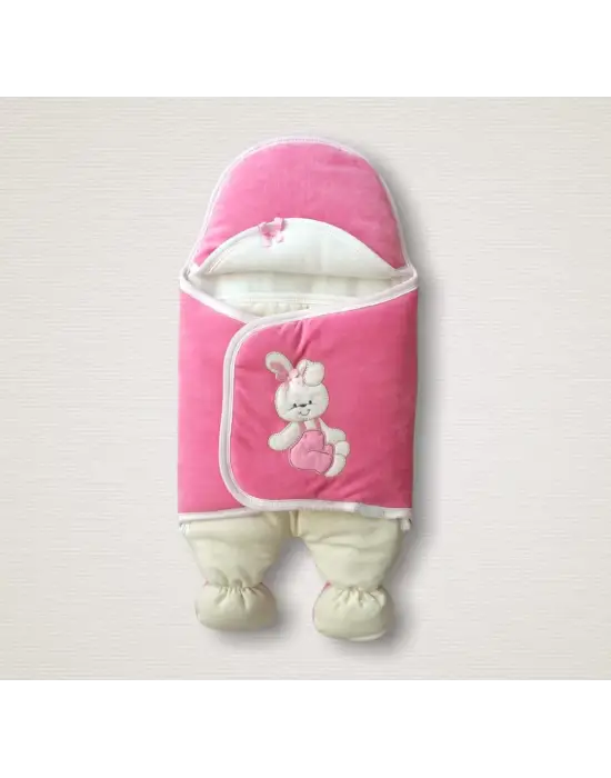Omarı Yenidoğan Kadife Kumaş Şapkalı Bebek Battaniyesi Pembe