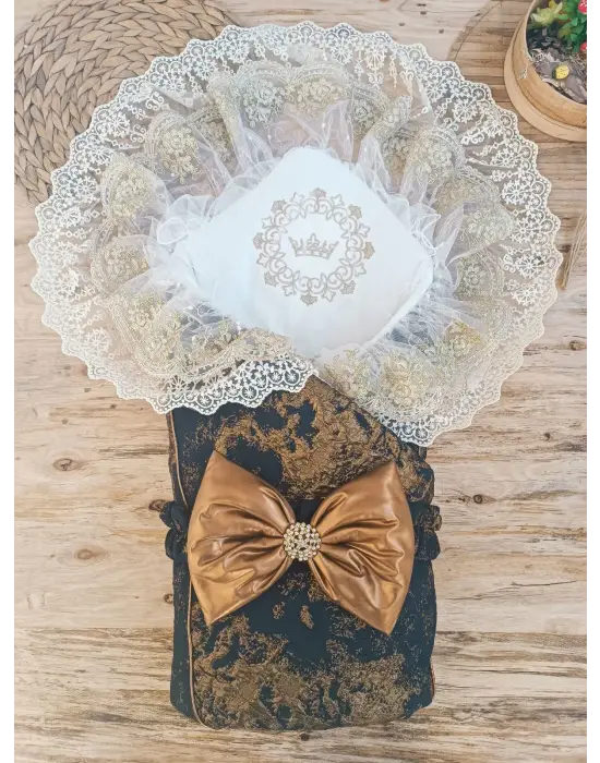 Omarı Yenidoğan Kendinden Desenli Fiyonklu Bebek Battaniyesi