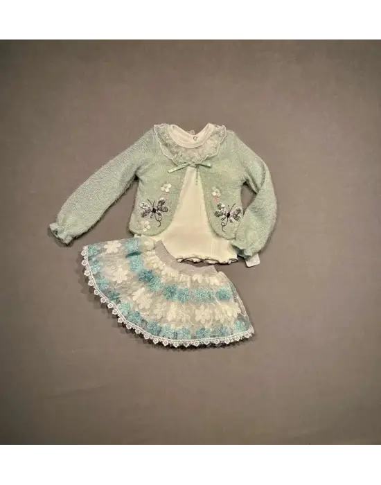 Omarı Yenidoğan Kız Çocuk 3lü Örme Hırka Etek Takımı