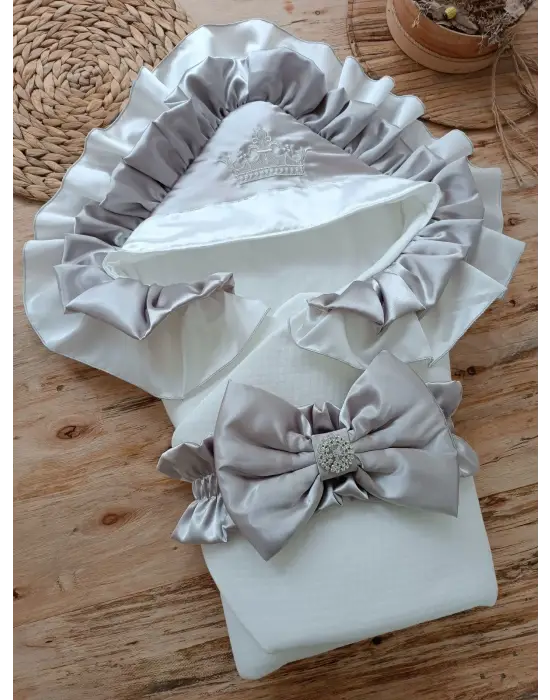 Omarı Yenidoğan Lüks Kelebek Nakışlı Bebek Battaniyesi - Kundak Gri