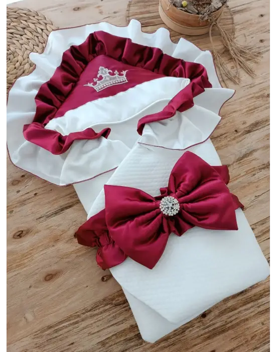 Omarı Yenidoğan Lüks Kelebek Taç Nakışlı Battaniye Bordo