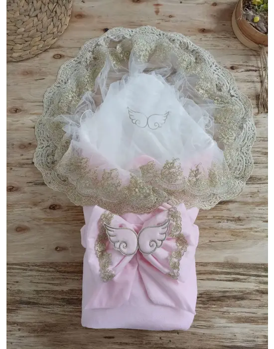 Omarı Yenidoğan Melek Kanat Fiyonklu Gold Dantel Battaniye Pembe