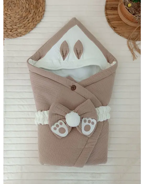 Omarı Yenidoğan Müslin Kumaş Kulaklı Bebek Battaniyesi Yeşil