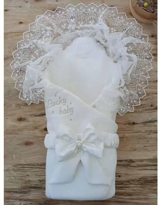 Omarı Yenidoğan Nakışlı Kundak Battaniyesi Ekru