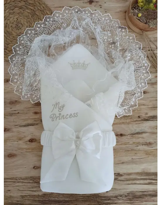 Omarı Yenidoğan Nakışlı Kundak Bebek Battaniyesi - Ekru