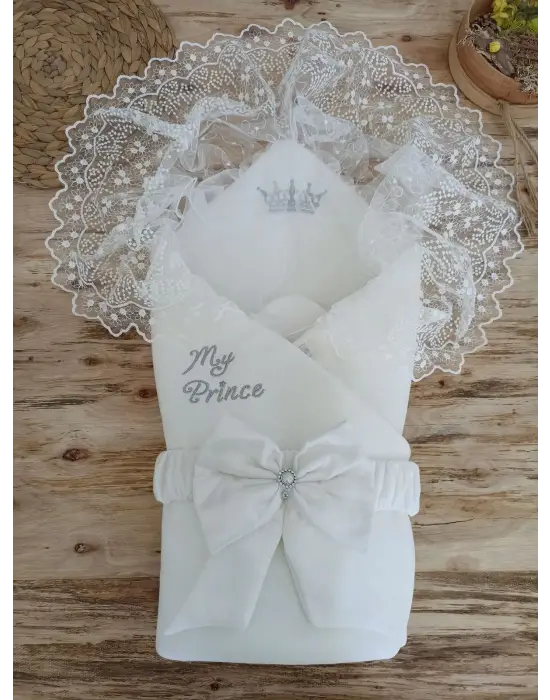 Omarı Yenidoğan Nakışlı Kundak Bebek Battaniyesi Ekru