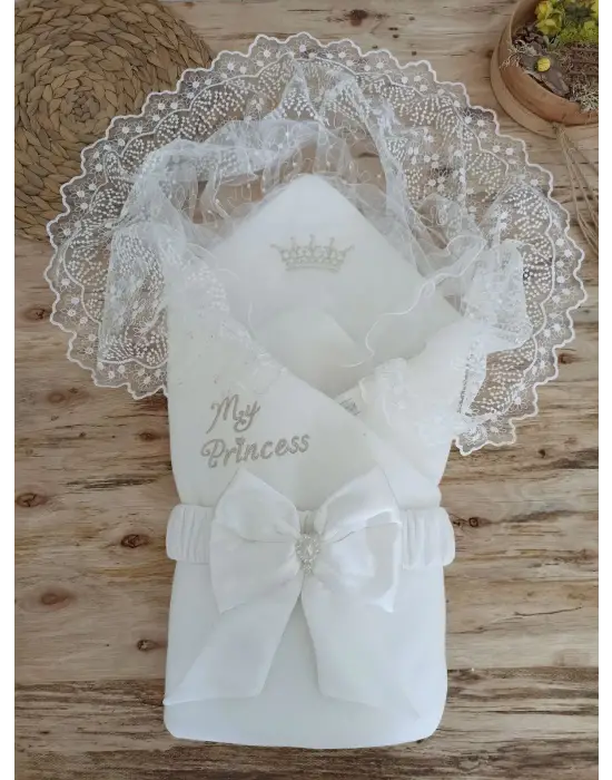 Omarı Yenidoğan Nakışlı Kundak Bebek Battaniyesi - Ekru