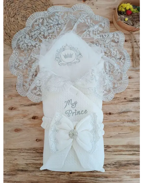 Omarı Yenidoğan Nakışlı Trilüks Kundak Bebek Battaniyesi - Ekru