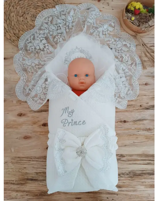 Omarı Yenidoğan Nakışlı Trilüks Kundak Bebek Battaniyesi - Ekru