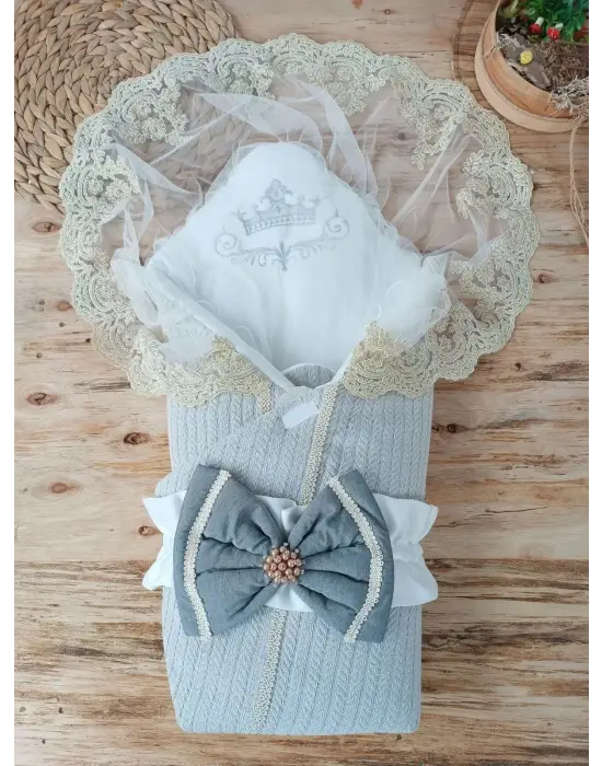 Omarı Yenidoğan Örgülü Gri Bebek Battaniyesi Kundak