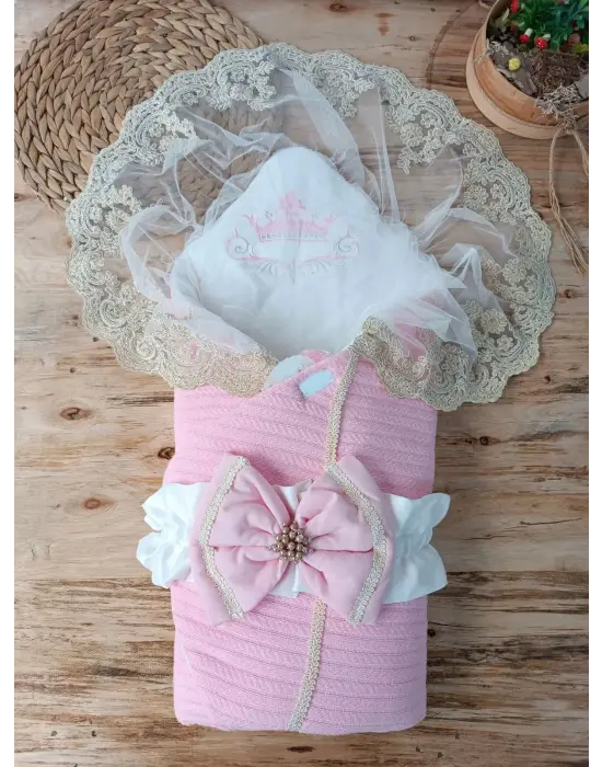 Omarı Yenidoğan Örgülü Trilüx Bebek Battaniyesi Kundak Pembe