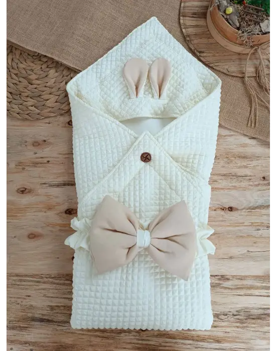 Omarı Yenidoğan Sevimli Kulaklı Şapkalı Bebek Battaniyesi