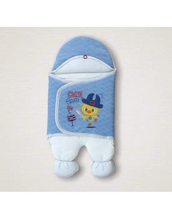 Omarı Yenidoğan Şovalye Civciv Nakışlı Şapkalı Bebek Battaniyesi Mavi