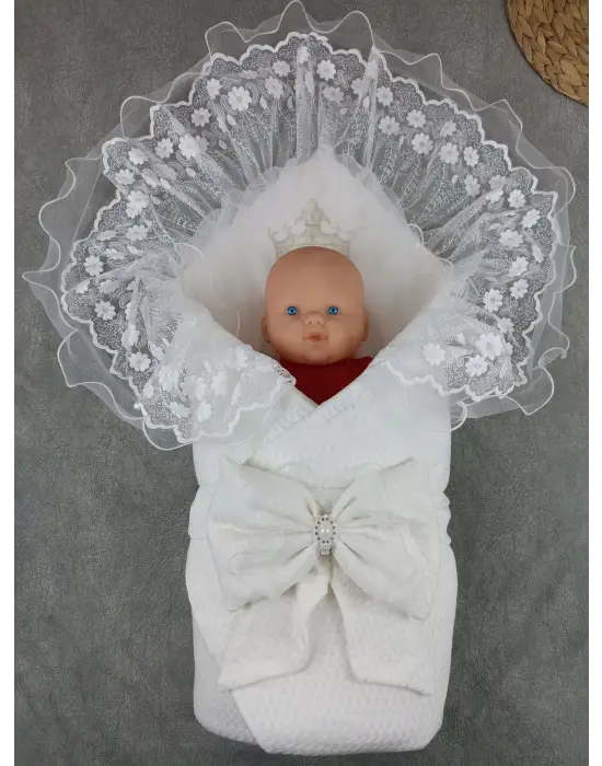 Omarı Yenidoğan Taç Nakışlı Soft Cotton Kundak Battaniyesi