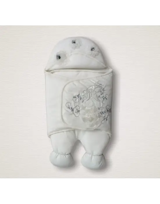 Omarı Yenidoğan Tavuskuşu Nakışlı Lüks Bebek Kundak - Ekru