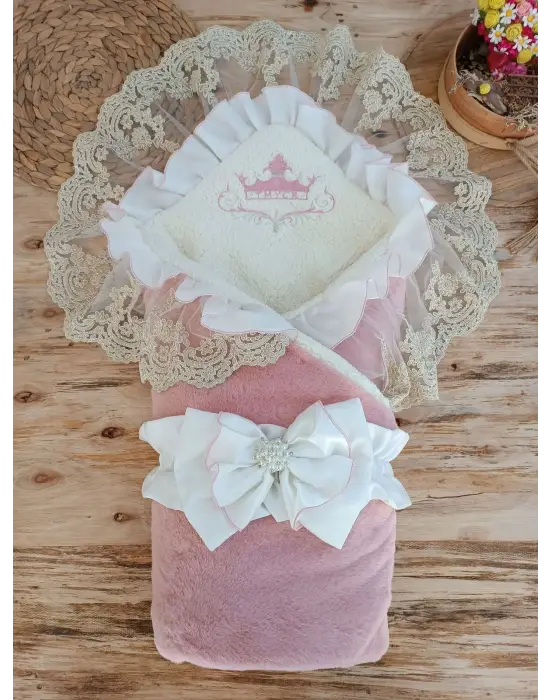 Omarı Yenidoğan Wool Yün Kumaş Güpür Duvaklı Battaniye - Pembe