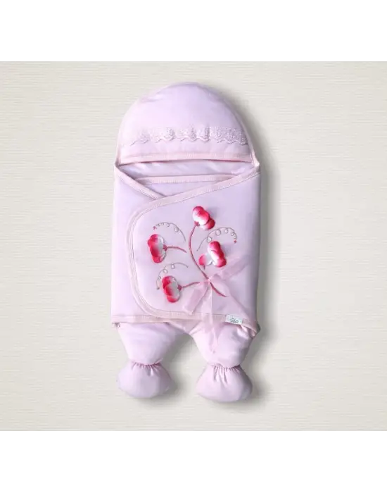 Omarı Yenidoğan Yapay Çiçek İşlemeli Lüks Bebek Battaniyesi Pembe