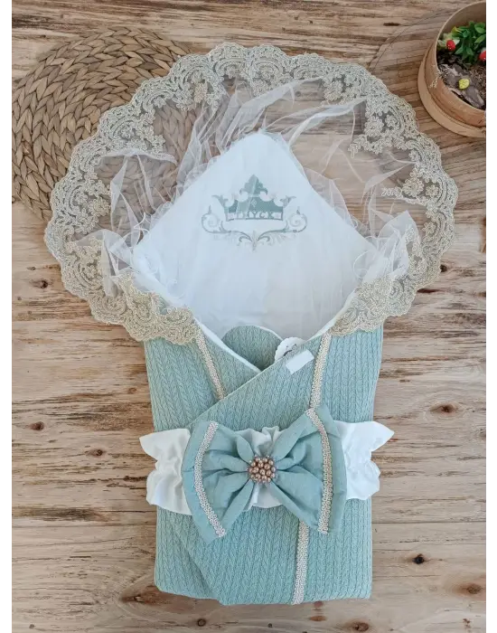 Omarı Yenidoğan Yeşil Tericotton Örgülü Bebek Battaniyesi