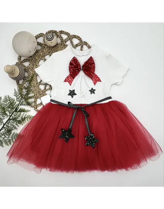 Omarı Yıldız Nakışlı Astarlı Tütü Elbisesi Ekru