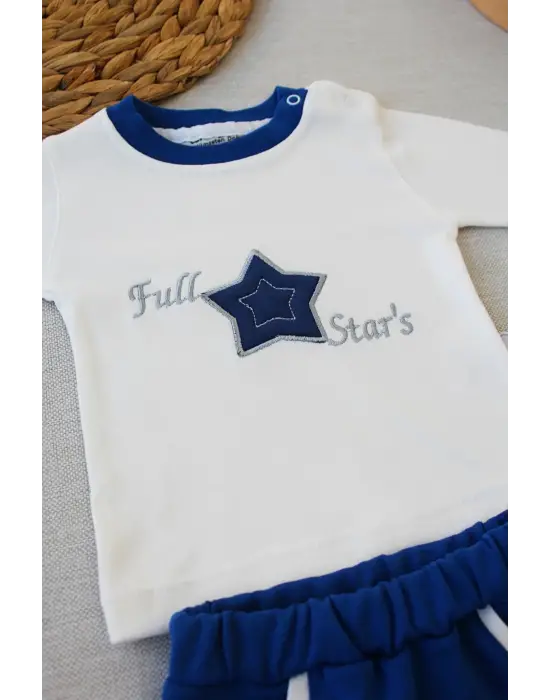 Omarı Yıldız Nakışlı Şapkalı Erkek Bebek Takımı İndigo