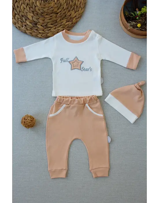 Omarı Yıldız Nakışlı Uzun Kollu Bebek Sweat Takımı - 3lü Buğday