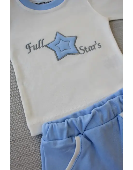 Omarı Yıldız Nakışlı Uzun Kollu Bebek Takımı - Mavi