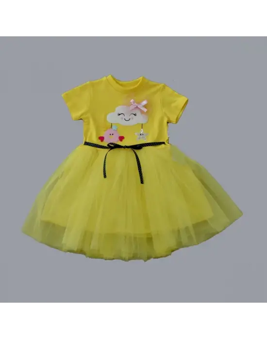 Omarı Yıldız ve Civciv Detaylı Yaz Bebek Elbisesi - Sarı