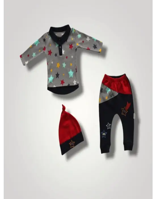 Omarı Yıldızlar Baskılı Uzun Kollu 3lü Bebek Takımı