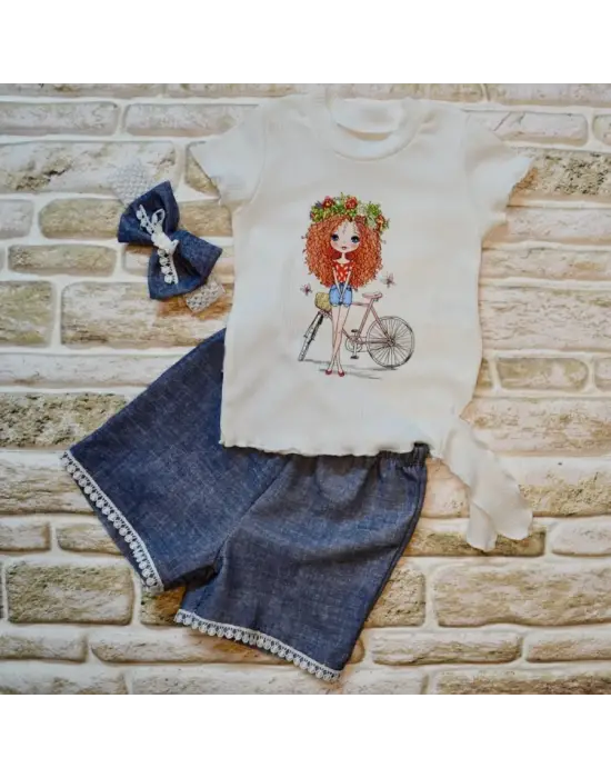 Omarı Yıldızlı Bandanalı Kot Şort ve Tişört 3lü Kız Bebek Takımı