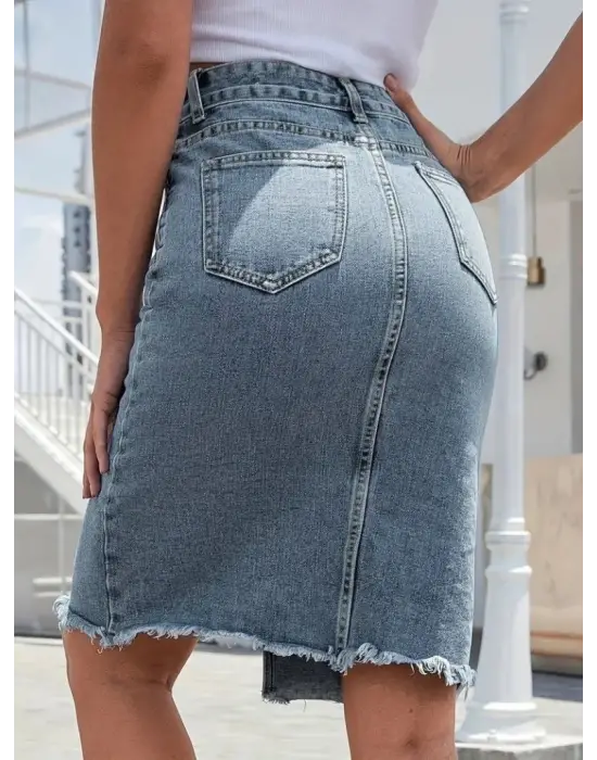 Omarı Yırtık Kenar Detaylı Kot Etek