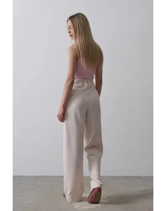 Omarı Yüksek Bel Yarım Lastikli Palazzo Pantolon - Pudra Renkli