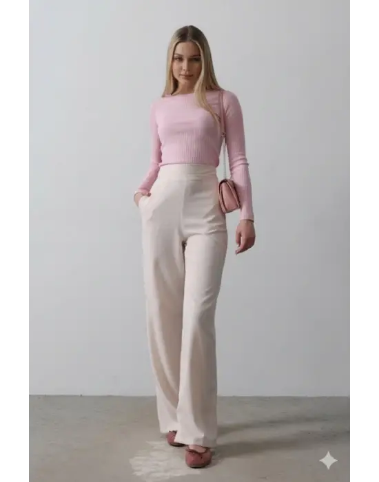 Omarı Yüksek Bel Yarım Lastikli Palazzo Pantolon - Pudra Renkli