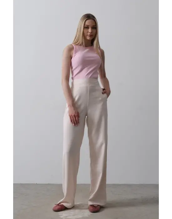 Omarı Yüksek Bel Yarım Lastikli Palazzo Pantolon - Pudra Renkli
