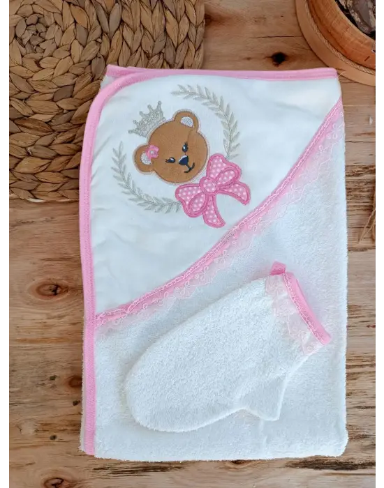 Omarı Yumuşak Bear Nakışlı Kız Bebek Havlu Seti