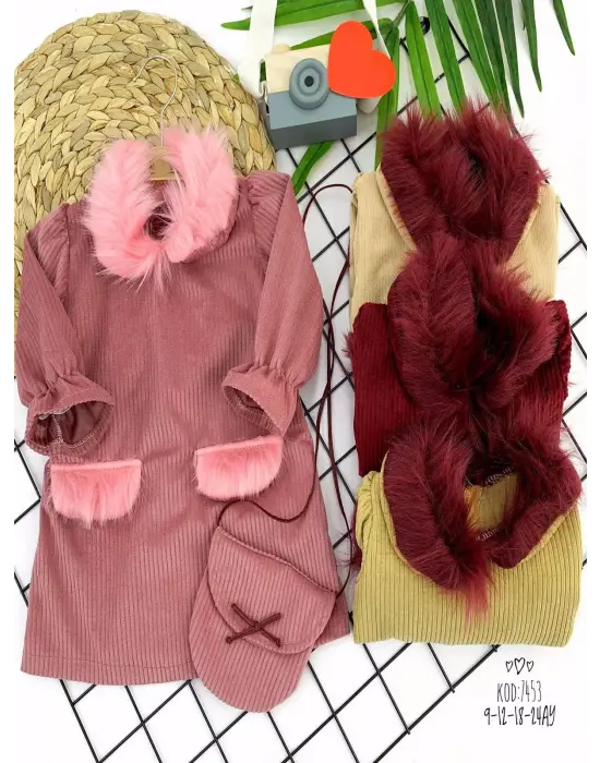 Omarı Yumuşak Kadife Kız Bebek Elbisesi 2li Set Bej