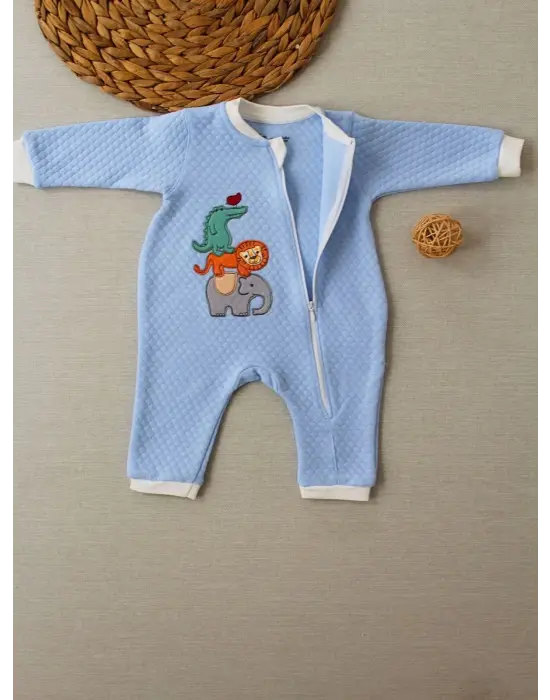 Omarı Yumuşak Kumaşlı Animal Nakışlı Bebek Tulumu Mavi