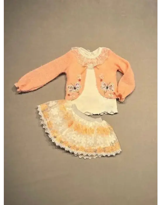 Omarı Yumuşak Örme Hırkalı Kız Çocuk Takımı - Somon Renkli