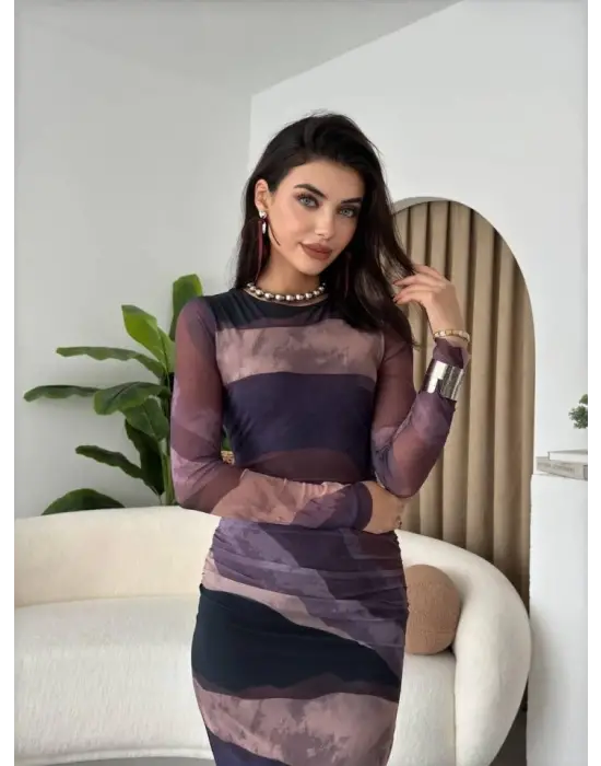 Omarı Zarif Dantel Detaylı Tül Elbise