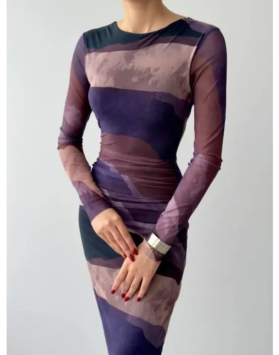 Omarı Zarif Dantel Detaylı Tül Elbise