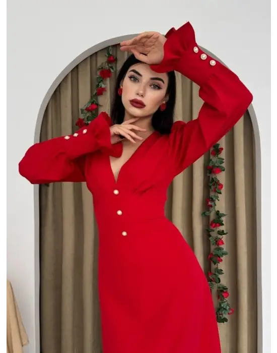 Omarı Zarif Düğme Detaylı Elbise